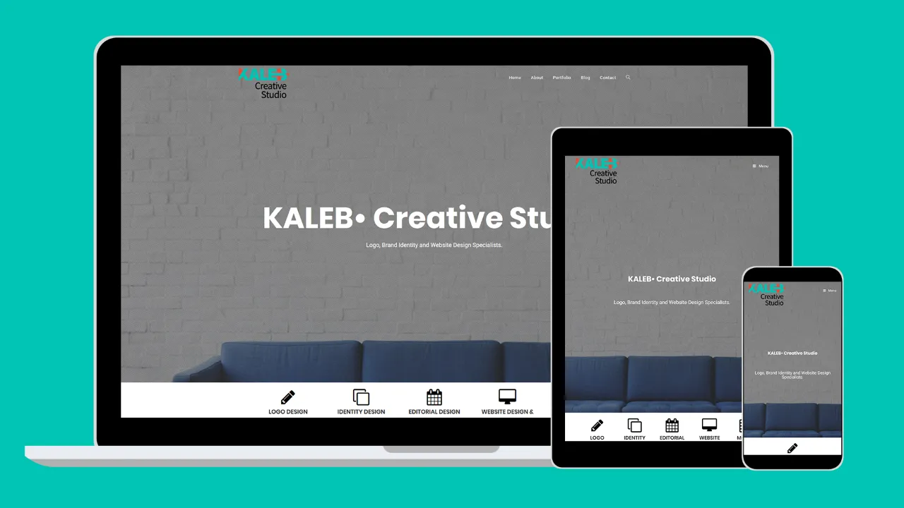 KALEB• Creative Studio website on laptop, tablet and phone