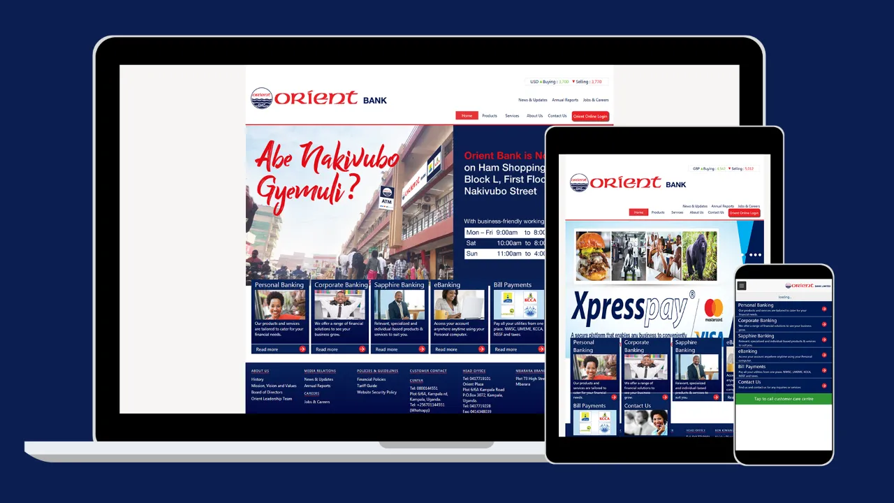 Orient Bank website on laptop, tablet and phone